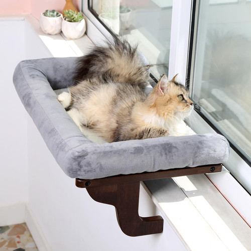 Zakkart Cat Perch for Window Sill with Bolster - Orthopedic Hammock Design with Premium Hardwood & Robust Metal Frame - Cat Window Seat for Large Cats and Kittens - Dark Stained Wood Gray Bed, 24''W