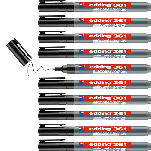 edding 361 whiteboardmarker - zwart - 10 whiteboardstiften - ronde punt 1 mm - boardmarker uitwisbaar - voor whiteboard, flipchart, magneetbord, prikbord, memobord - sketchnotes - navulbaar