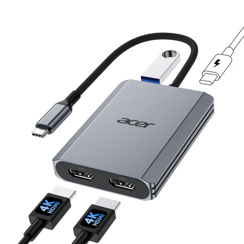 Acer 4-in-1 USB C Hub, Type C to Dual HDMI Adapter 4K@60Hz, HDMI Splitter for Dual Monitors with 100W PD Port, USB 3.0, Dual Monitor Adapter Compatible with Acer, XPS, HP, MacBook Neo/Air/Pro(0.5FT)