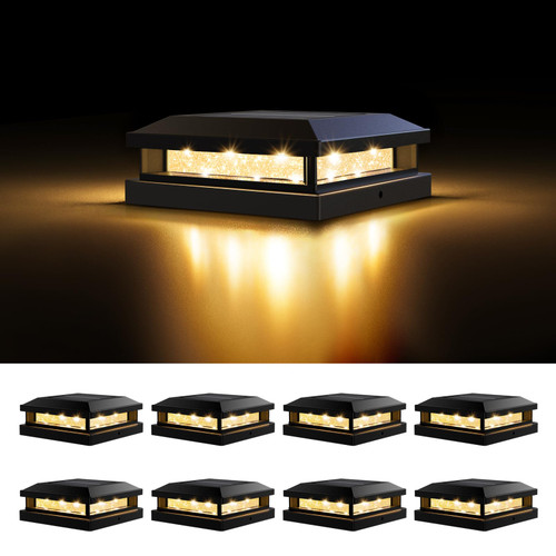 Brightever 4x4 Solar Post Cap Lights Outdoor 8 Packs, Waterproof Solar Powered Deck Light for 5x5 Vinyl/Wooden Posts, Black Outside Warm/Cool Lighting Fence Cap Lights with 16LEDs for Garden, Patio