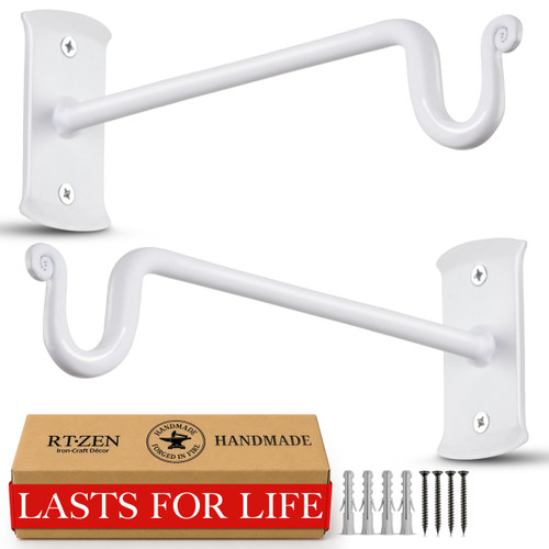 RTZEN Plant Hangers Outdoor or Indoor - Wrought Iron Metal Hanger Indoor Hook - Heavy Duty Wall Bracket Hooks for Hanging Plants Baskets Lanterns Bird Feeders - 2 Pack (White Shepherds Hooks 7.5")