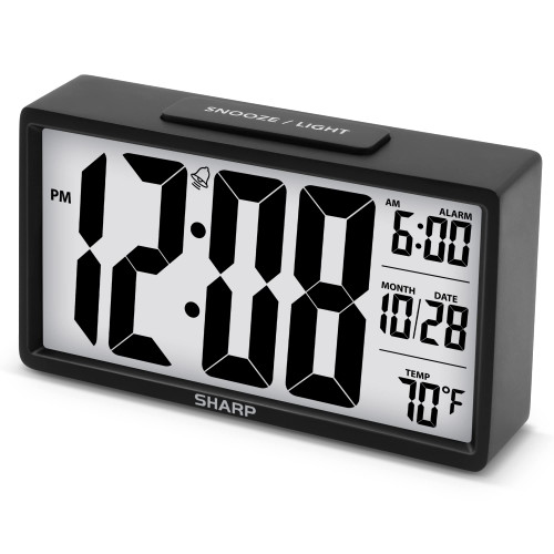 SHARP Alarm Clock with Easy to Read 2.8'' Jumbo Screen with Indoor Temperature, Nightlight, Calendar, Battery Operated Digital Clock for Bedrooms or Travel, Black (SPC5026AMZ)