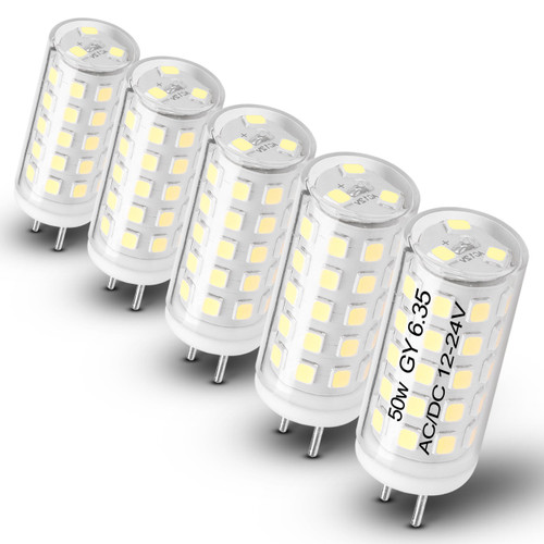 Heifymi AC/DC 12-24V 5W G6.35 LED Bulb Daylight White 6000K G6.35/GY6.35 Bi-Pin Base JC Type LED 50W Halogen Replacement Bulb for Pendant Puck Closet Accent Landscape Lights, Non-Dimmable, 5 Pack