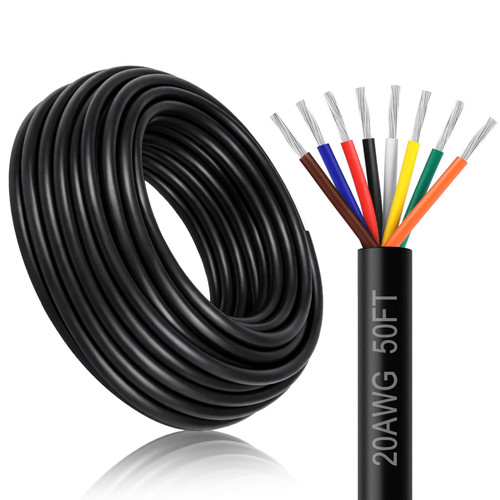 DEKIEVALE 20 Gauge 8 Conductor Electrical Wire, 50FT 20AWG Black PVC Stranded Tinned Copper 8 Wire Cable, 20/8 Cord Extension Cable for LED Lamp Lighting, Automotive Wiring, Speaker, Access Control