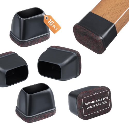 Ezprotekt 16 Pcs Rectangle Black Felt Chair Leg Floor Protectors for Hardwood Floors, Rectangle Silicone Felt Furniture Pads Caps, Table Leg Covers Cups Anti- Scratches (Fit W:0.6-0.8", L:0.9-1.3")