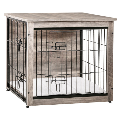 DWANTON Dog Crate Furniture with Cushion, Wooden Kennel Table with Double Doors, Indoor Dog House, Small/Medium/Large/Extra Large Size, 27.2" L, Greige