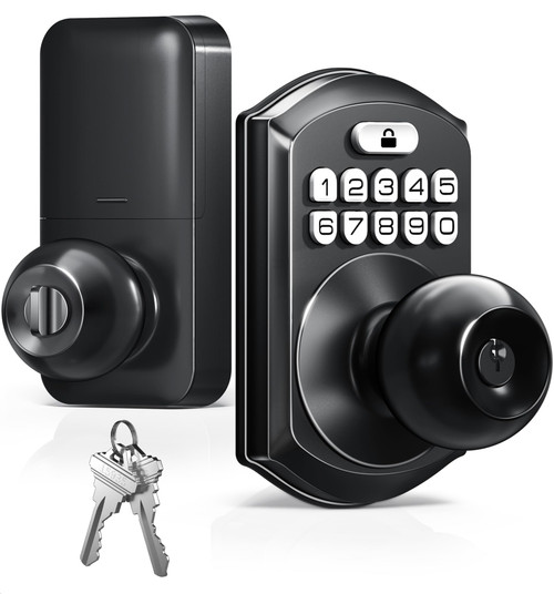 TEEHO TE003 Keyless Entry Keypad Door Lock with Handle, Electronic Digital Smart Locks for Front Door, Smart Door Knob with Code for Bedroom, Auto Lock, Passage Mode, Easy to Install, Matte Black