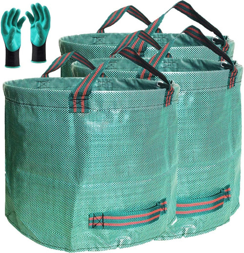 Professional 3-Pack 80 Gallon Lawn Garden Bags (D26, H33 inch) Reusable Yard Waste Bags with Gardening Gloves for Leaf Bag,Garden Pruning,Yard Debris Container,Lawn Weeds,Grass Clippings Bag 4 Handles