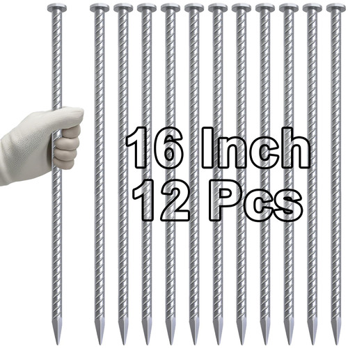 VVOKGO 16 Inch Rebar Stakes Metal Asphalt Anchoring Spikes Ground (12pcs), 1/2 Inch Diameter Galvanized Landscape Anchors Heavy Duty for Speed Bump, Handicap Threshold Ramps, Parking Limits Curb, Tarp