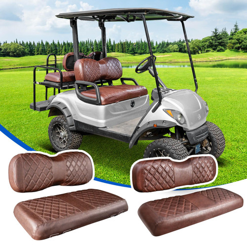NOKINS 4PCS Golf Cart Seat Covers Kit, Front and Rear Seat Covers Fits YAMAHA/G29/Drive2 Standard Seat Cushion, Yamaha Vinyl Diamond Replacement Seat Covers, No Stapler(Brown Brown 8438)