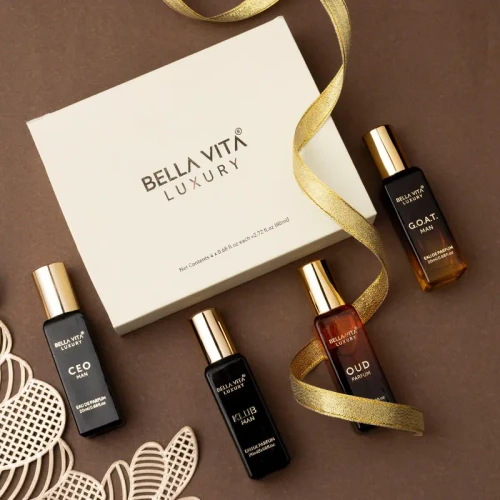 BellaVita Luxury's Perfume Gift Set for Men | 4 Luxury Minis | Long Lasting | G.O.A.T. , Oud, CEO Man, Klub Man | Eau De Parfum | Portable Perfume Kit | Perfect Father's Day Gift | Super Brand Day Exclusive