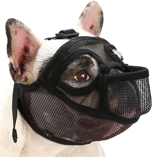 BARKLESS French Bulldog Muzzle, Short Snout Mesh Dog Muzzle with Tongue Out Design for Flat Face Dog Shih Tzu English Bulldog, Prevent Biting Chewing Allows Grooming (Black, M)