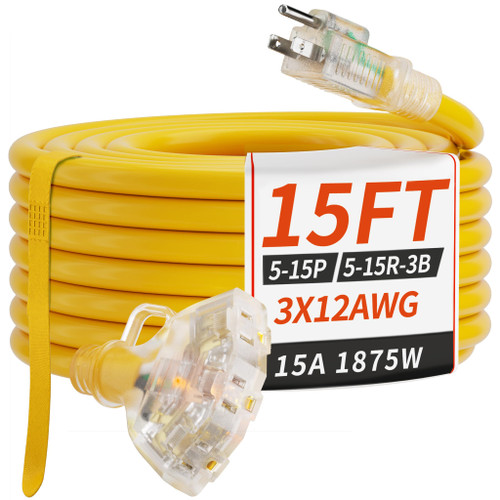 PlugSaf 15 FT 12/3 Gauge Outdoor Extension Cord with Multiple Outlets Light Indicator, Flexible 3 Outlet Weatherproof Heavy Duty Extension Cord Waterproof Yellow, 15A 1875W 12AWG SJTW, ETL Listed.