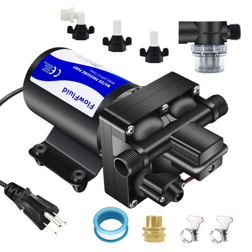 FlowFluid Water Pressure Booster Diaphragm Pump 110V AC for House,70PSI 5GPM Water Transfer Pump with Plug,On Demand 4-Chamber Self-Priming Water Pump with Filter for Bathroom Kitchen Irrigation Spray