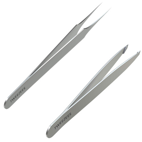 Tweezees Precision Stainless Steel Tweezers | Professional Slant Tip & Splinter Tip Tweezer | Extra Sharp Hair Removal Tool | For Eyebrow Shaping