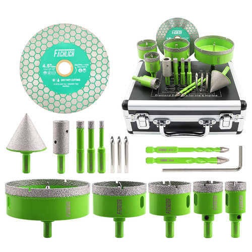 FACHLICH Diamond Hole Saw Kit, 16PCS Tile Hole Saw Kit 6/8/10/25/35/50/65/100+20mm Finger Bit+50mm Beveling Chamfer Bit+Masonry Drill Bits+Tile Blade, Diamond Hole Saw Drill Bits