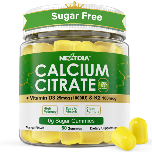 Calcium Citrate Gummies 1200mg with Vitamin D3 K2, Chewable Calcium Supplements for Women & Men, High Potency Support B0ne, Te*th, Strength & Immune Health, Mango Flavor, Non-GMO, Sugar Free, 60 Cts