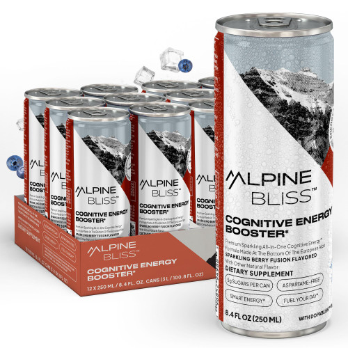Alpine Bliss Energy Drink with Tyrosine, Ginger Root, B Vitamins and Saffron Extract, Supports Focus and Mental Clarity, Award-Winning Low Calorie Adaptogen & Nootropic Blend, European Mountain Water, Berry Flavor (12 Pack)