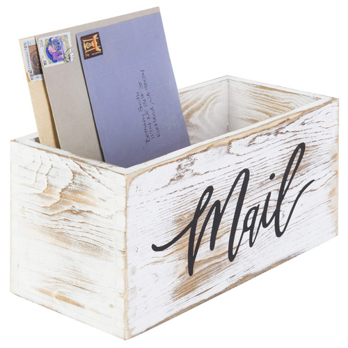 MyGift Mail Holder Storage Organizer Box Whitewashed Wood with MAIL Script Design, Desktop Letters, Bills, Notes and Postcard Bin for Home Office Dorm Room