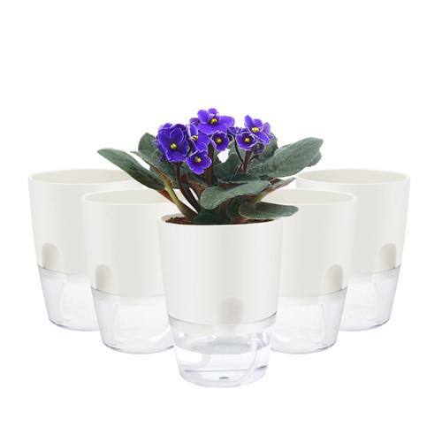 ShineMe Self Watering Pots, 5 Pack Self Watering Planters for Indoor Plants, 4.1 inch Plastic Plant and Flower Pots for African Violets, Herbs, Aloe, Peace Lily with Absorbent Cotton Rope