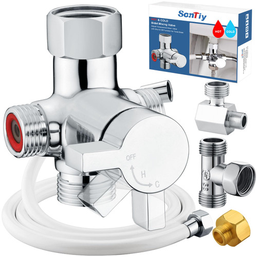 SonTiy Hot and Cold Bidet Mixing Valve Kit, Upgrade Brass 4 Way Warm Bidet T-adapter valve for Handheld Toilet Sprayer Seat Bidet Attachment with Two Tee Connector and 79inch Shower Hose