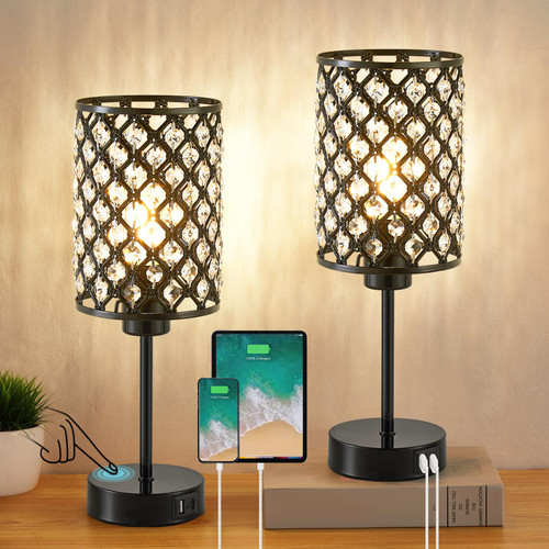 GyroVu Touch Control Table Lamp, Black Crystal Table Lamps Set of 2 with 2 USB Charging Ports, Dimmable Bedside Nightstand Lamps for Living Room, Bedroom, Guest Room, Bulbs Included