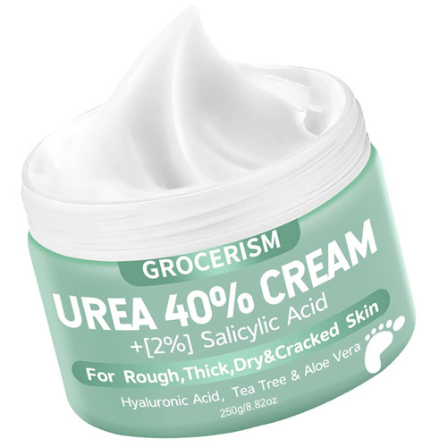 Grocerism Urea Cream 40 Percent For Feet Plus 2% Salicylic Acid 8.82 oz || Foot Cream and Hand Cream Maximum Strength with Hyaluronic Acid, Tea Tree,and Aloe Vera for Deep Moisturizes, Callus Remover
