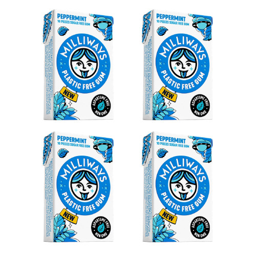 Milliways Peppermint | Plastic Free Gum | Xylitol, Aspartame-Free, Sugar-Free, Plant-Based, Natural Chewing Gum | 40 Pieces Total (4 Packs of 10 Pieces)