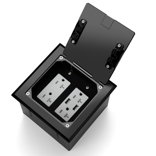 Vagueior Recessed Floor Outlet 2-Gang with 4.8A USB Charging Port, Duplex 20 Amp TR Receptacles Flat Hidden Socket Kit Electrical Waterproof Cover Box, ETL Listed, Black