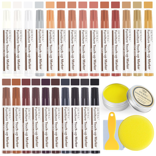 DEWEL Furniture Markers Touch Up, 24 Colors Wood Markers Furniture Repair with Polish Wax, Upgrade Furniture Repair Kit, Repair Pens for Scratches, Floor, Table, Cabinet, Bedpost