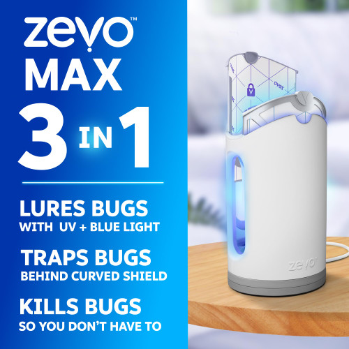 Zevo MAX Bug Catcher & Fly Trap for Indoors - Flying Insect Trap for Gnats, House & Fruit Flies - Use in Any Room - No-Mess Disposal (1 Plug in Base & 6 Cartridges)