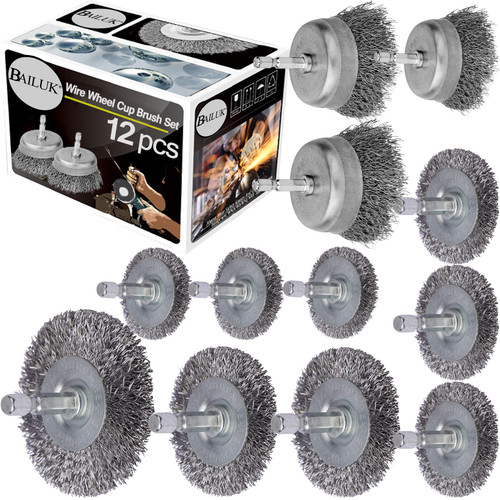 BAILUK Wire Wheel for Drill Cup Brush Set,0.012-Inch Coarse Crimped Carbon Steel,Die Grinder Wire Brush for Drill,1/4In Hex Shank(12 Pack)