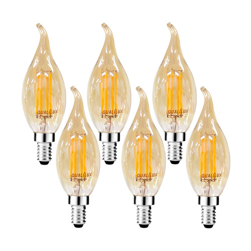 Qualilux Dusk to Dawn CA11 Candelabra LED Bulbs, Vintage Full Amber Glass, Non-Plastic, Warm Amber 2300K, 4W=40W, 400LM Auto On/Off Light Sensing Bulb, Non-dimmable, E12 Base, 6-Pack, HQ-H049