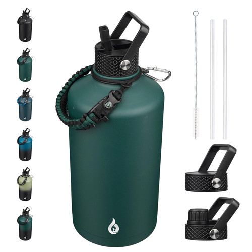 BJPKPK 1 Gallon Water Bottle with Straw Lid, 128oz Large, Stainless Steel Water Bottles with 3 Lids and Paracord Strap, Double Wall Vacuum Metal Water Jug, Army Green