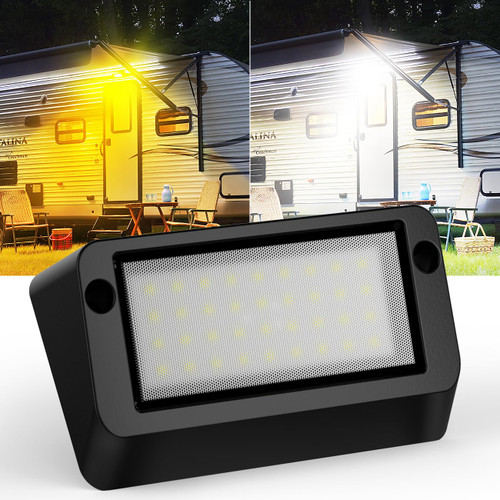 Safoner Heavy-Duty Aluminum RV Porch Light- Rustproof Exterior LED Lamp, IP67 Waterproof, Dual Color Amber & White, 1400LM, 12V-30V Compatible for Outdoor RVs & Trailers (Black Housing)- 1 Pack