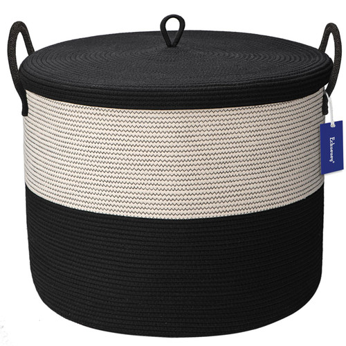 Echueuey 21" x 18"Extra Large storage baskets,Eco-friendly rope baskets with lid,blanket basket living room with lid,hampers for bedroom,big,round, Black 115L