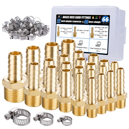 Ailbiuko 22Pcs Brass Hose Fittings, 3/8" Barb to 1/4" NPT, 1/4" Barb to 1/4" NPT Male, 1/8" 1/4" 3/8" 1/2" Barbed Air Hose Kit with 44Pcs Pipe Hose Clamps