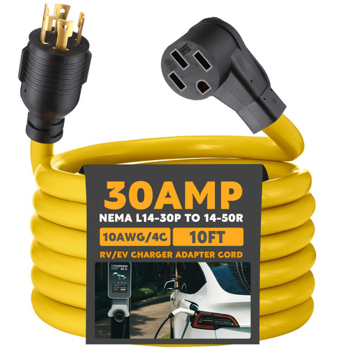 Tellegloww 10FT NEMA L14-30P to 14-50R Generator to RV/EV Adapter Cord, 4 Prong 30 Amp Male to 50 Amp Female Compatible with Tesla S/3/X/Y for Level 2 EV Charging or Generator to RV, ETL Listed