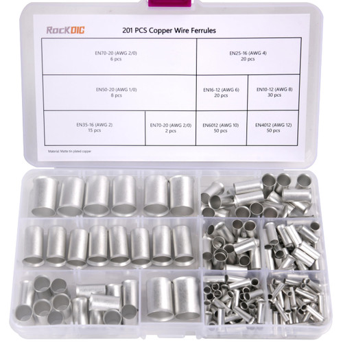 201 PCS Copper Wire Ferrules Pin Terminals Eelctrical Cable End Tinned Matte Tin Plated Assortment Kit 8 Sizes Gauge 12 10 8 6 4 2 1/0 2/0
