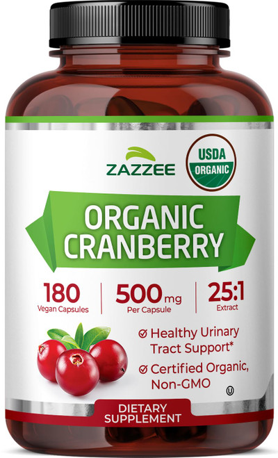 Zazzee USDA Organic Cranberry 25:1 Extract, 500 mg per Capsule, 180 Vegan Capsules, 6 Month Supply, Certified Kosher, Vaccinium Macrocarpon, Bladder Support, Non-GMO, Made in the USA