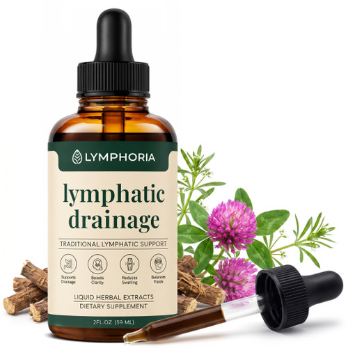 LYMPHORIA Lymphatic Drainage Drops for Bloat Relief & De-Puff – Cleavers, Red Clover, Stillingia Root & Prickly Ash Bark – Lymph Node Detox Cleanse, Fluid Retention – Alcohol-Free, Vegan, 2 Fl Oz