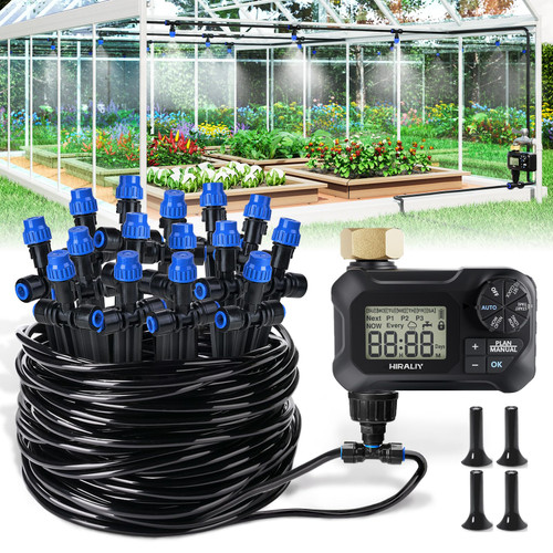 HIRALIY 59FT Greenhouse Misting Drip Irrigation Kit with Garden Timer, Hanging Plant Watering System, with Tubing, Misting Nozzles, and Water Timer, Quick Connector Design Automatic Irrigation System HIRALIY 59FT Greenhouse Misting Drip Irrigation Kit with Garden Timer, Hanging Plant Watering System, with Tubing, Misting Nozzles, and Water Timer, Quick Connector Design Automatic Irrigation System