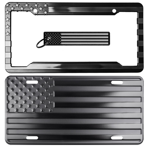 American Flag License Plate, Frame, and Key Tag Combo Black-on-Matte Black American Flag License Plate, Frame, and Key Tag Combo Black-on-Matte Black