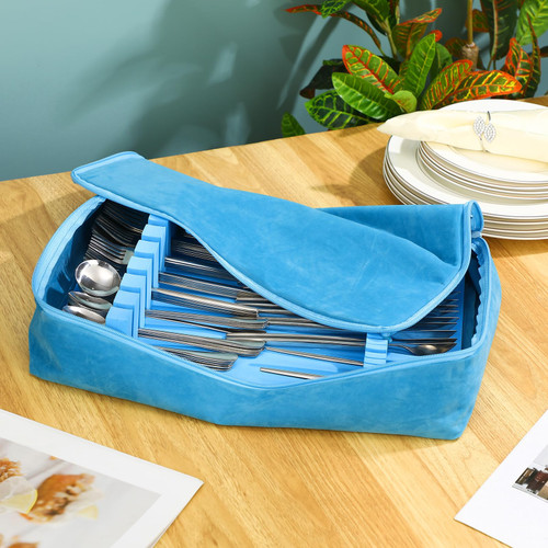 Teenyyou Zippered Flatware Storage Drawer Liner Silverware Storage Bag Tarnish Preventative Silver Organizer Cutlery Case Container Box Large Capacity Silverware Chest 15.75" x 11.02" x 3.94"(Blue)
