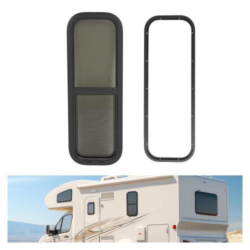 WUTIST Vertical RV Window 12" W x 36" H RV Sliding Window Replacement with Net Screen and Trim Ring Suitable for 15/16" to 1-3/5" Thick Walls, Camper Window for Trailer Camper Powder Coated