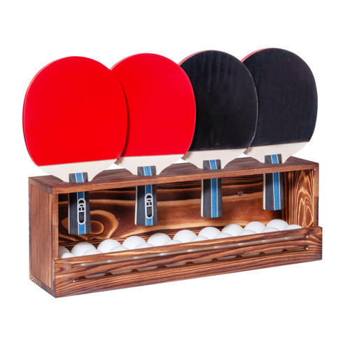 Ping Pong Paddle Storage Rack, Wall-Mount Table Tennis Paddle Display Holder for 4 Paddles and Ball Storage Shelf, Pine-Wood Ping Pong Rack for Game Room, Bar, Garage, Office, Home
