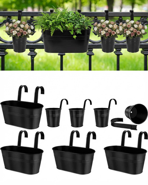 vensovo 8 Pcs Metal Railing Planters Set, 10.8" Oval & 3.9" Round Hanging Flower Pots with Detachable Hooks, Black Fence Planter Baskets for Outdoor Plants, Herbs & Succulents, Garden Decor