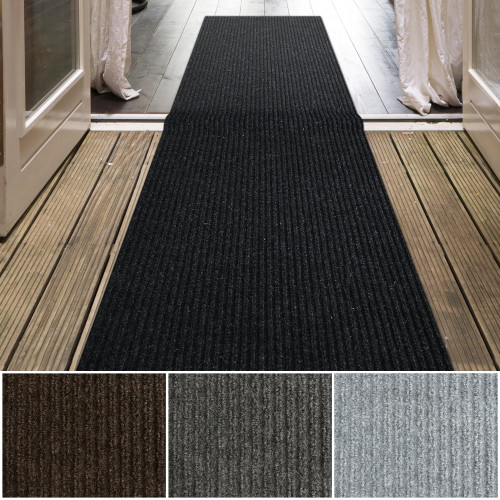 iCustomRug Ribbed Hallway Runner – 3'x10' Black, Indoor/Outdoor, Non-Slip TPR Rubber Backing, Low-Profile All-Weather Carpet, Non-Shedding & Easy Care, Utility Rug Ideal for High Traffic Areas