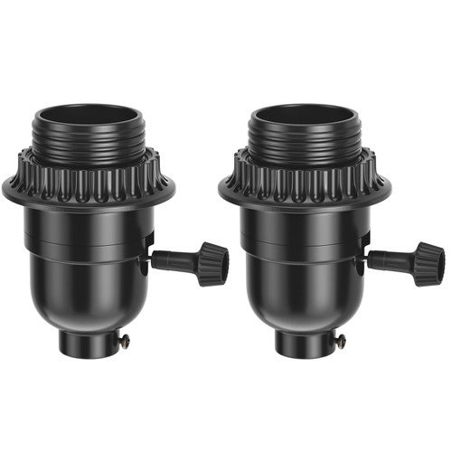 DiCUNO UL Listed E26 Lamp Socket Replacement, Turn Switch Knob ON/Off, Threaded Medium Base Light Socket with Shade Ring for Table, Floor Lamp Repair Kit, Black, 2-Pack