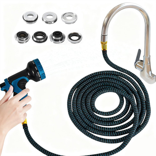 Ecoaterui Indoor Sink Hose Attachment for Faucet - (50 FT) Faucet Hose with 7 Adapters for Kitchen Sink Bathroom Sink Faucet, Watering Houseplants, Washing Pets, Household Cleaning, Car Washing